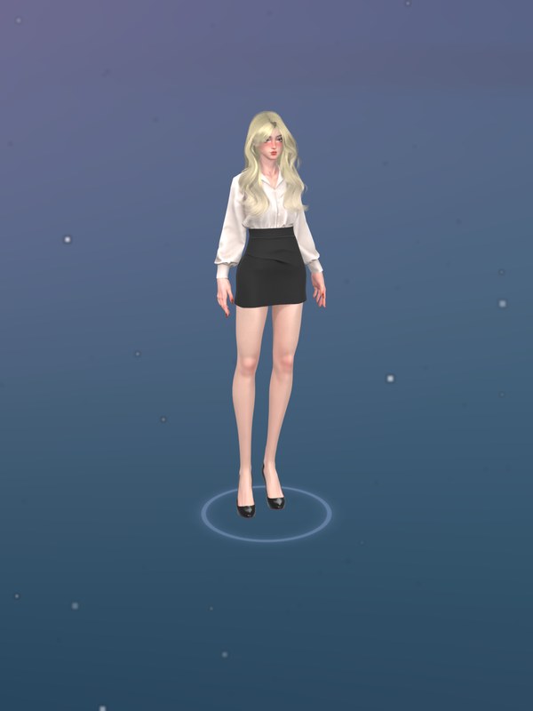 Sara, standing on the stage in a white blouse and black skirt